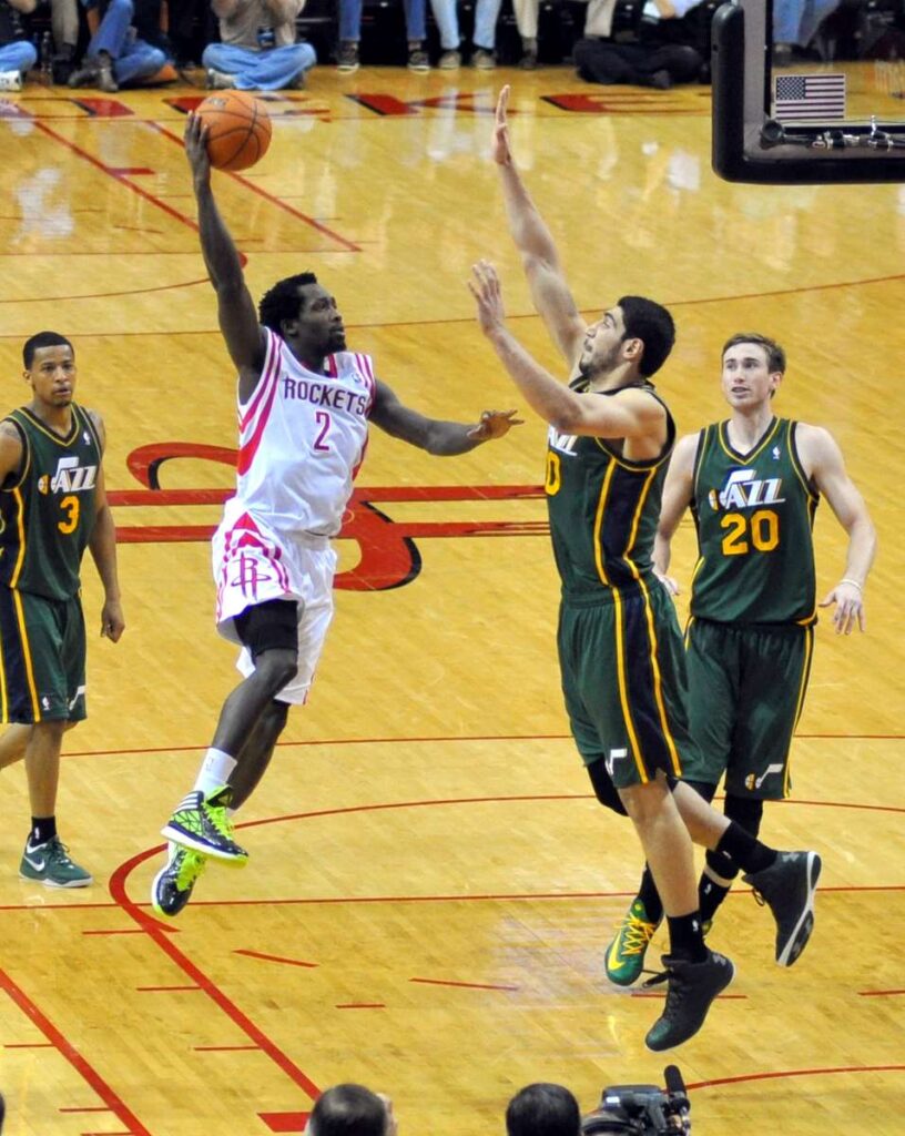 Patrick Beverley of the Houston Rockets attempts a dunk at the Toyota Center