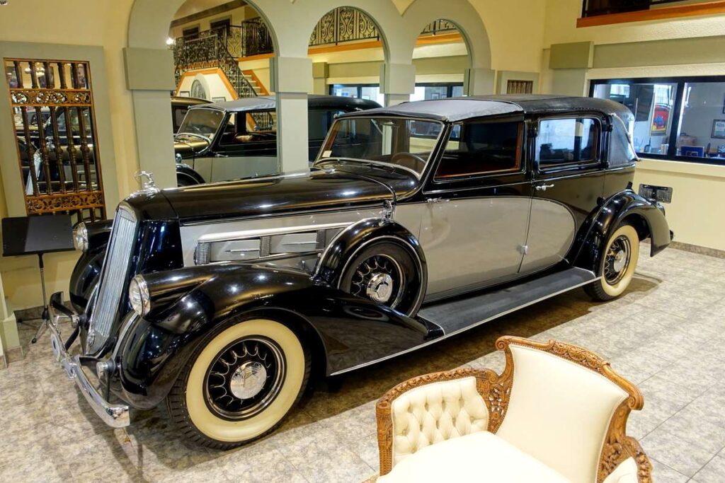 a 1937 Pierce-Arrow Town Car on display in a museum