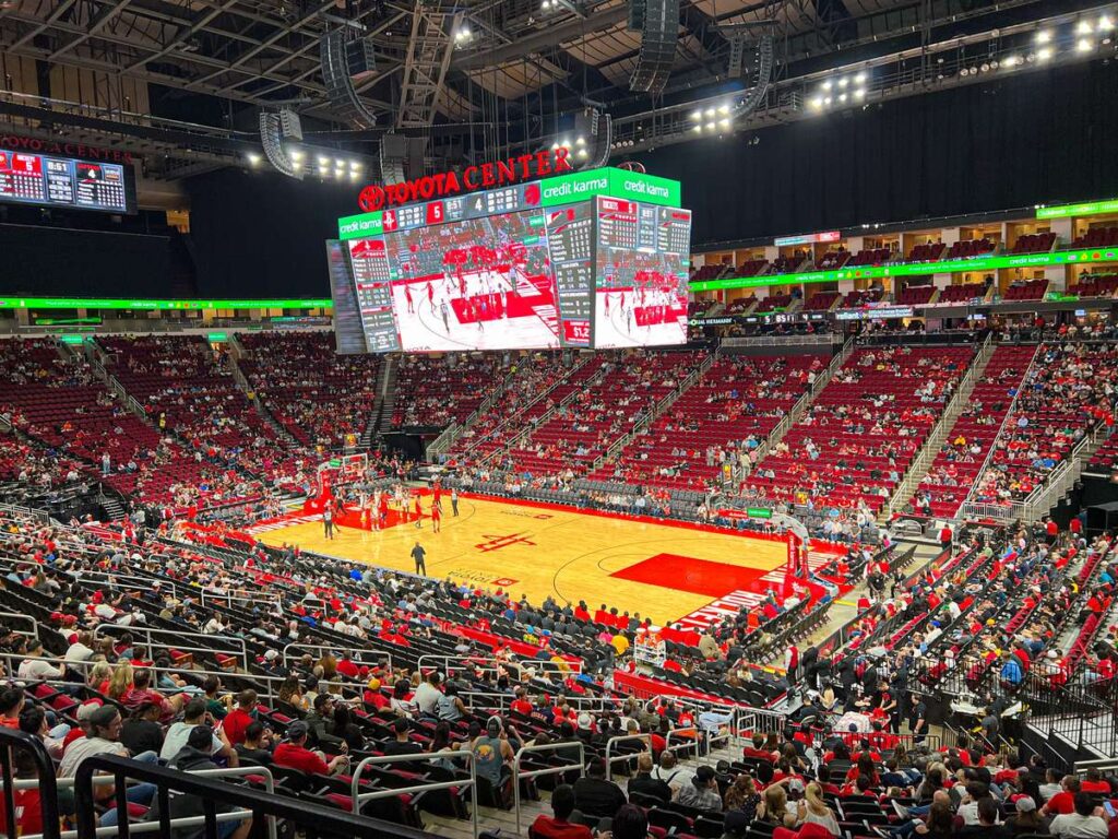 the Houston Rockets play the Toronto Raptors in the Toyota Center - image taken from concourse level above section 117
