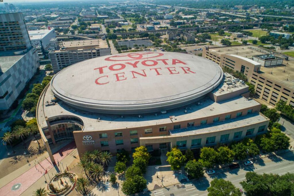Aerial view of the Toyota Center in Houston, TX - Home of the Houston Rockets NBA basketball team