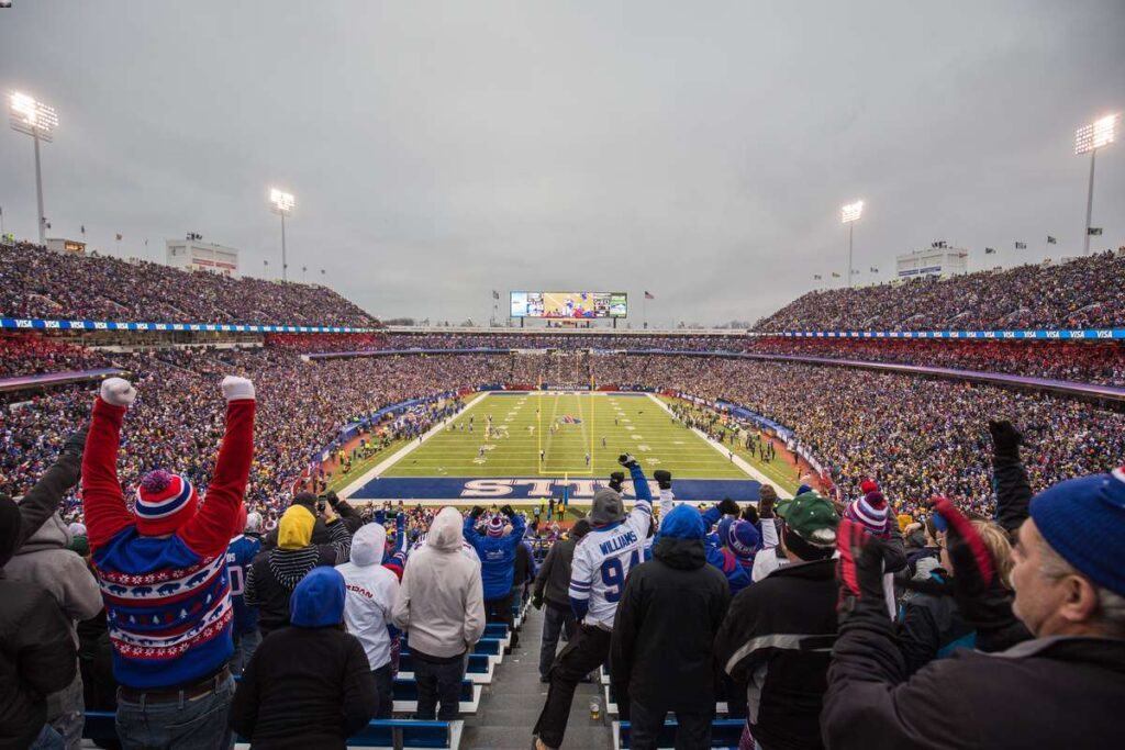 fans dress warmly for the cold weather at a Buffalo Bills home game