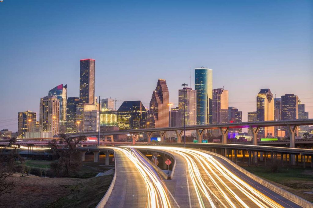 a long exposure of traffic lights on a highway leading to downtown Houston, Texas