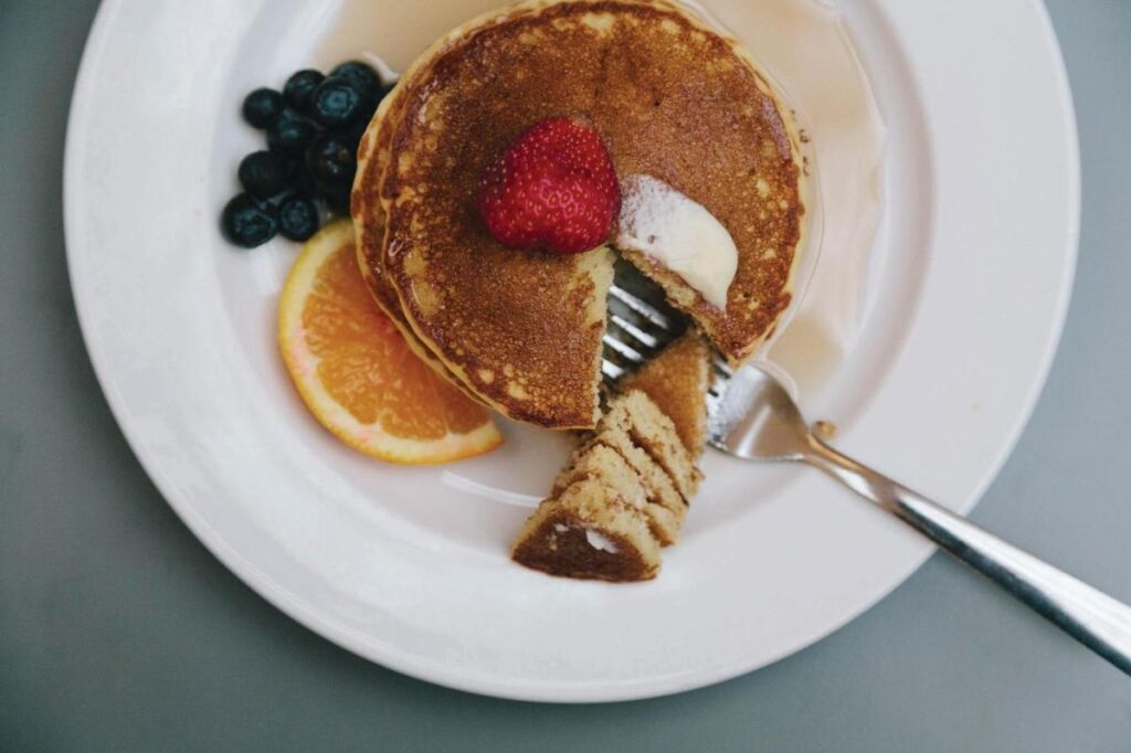 a stack of pancakes served as part of the free breakfast at the Embassy Suites by Hilton in downtown Houston, Texas
