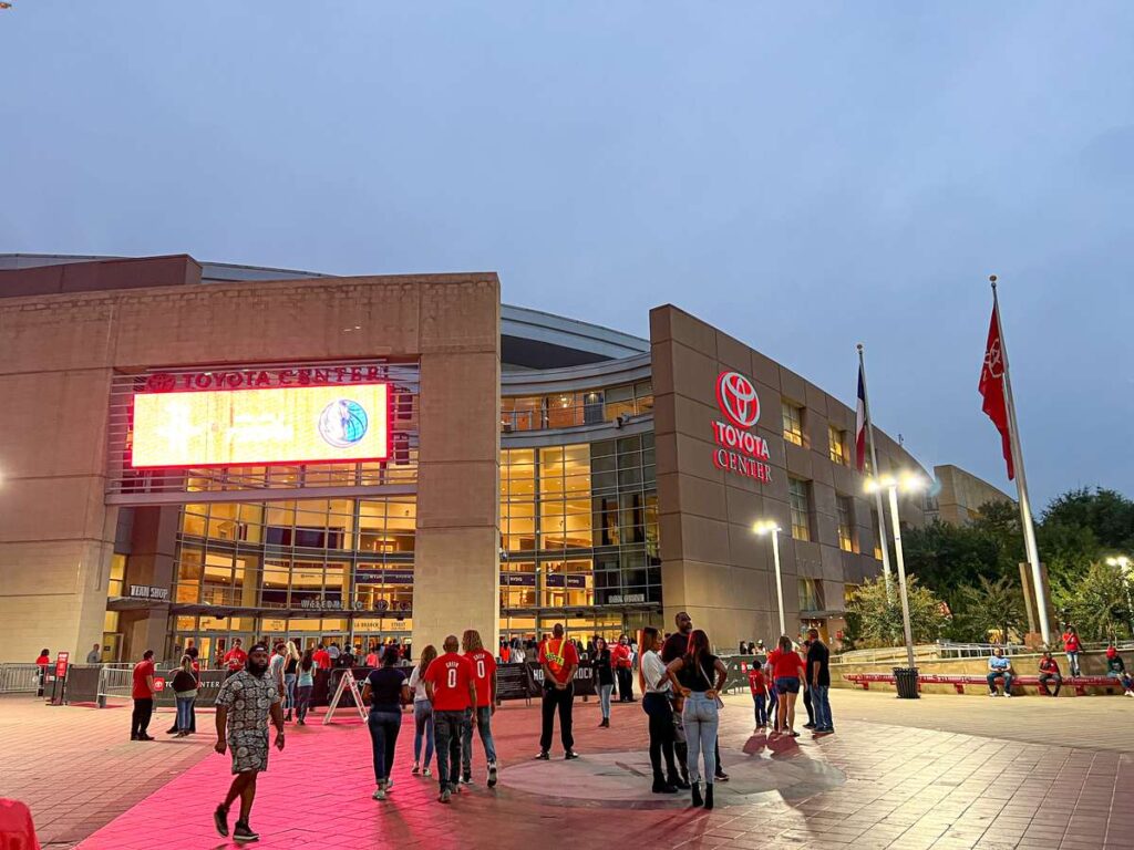 Houston Rockets fans enter the Toyota Center for an NBA game against the Toronto Raptors