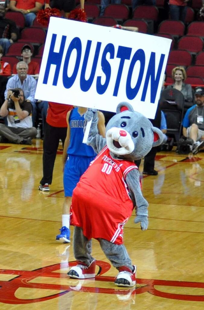 Clutch the Bear cheers on the Houston Rockets at the Toyota Center