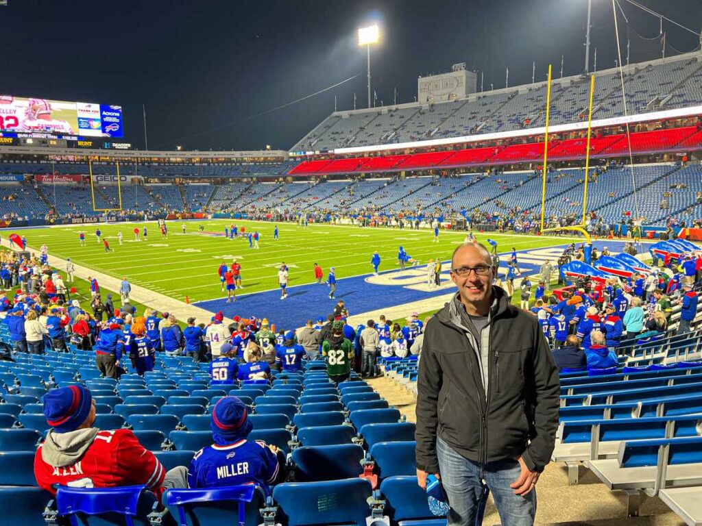 A Bills fan dressed in layers for the cold weather at Highmark Stadium