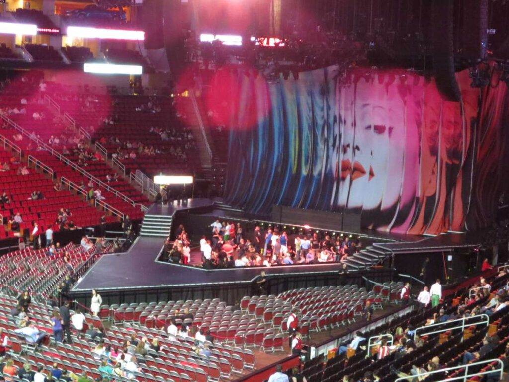 fans start arriving at the Toyota Center in downtown Houston, TX for a Madonna concert