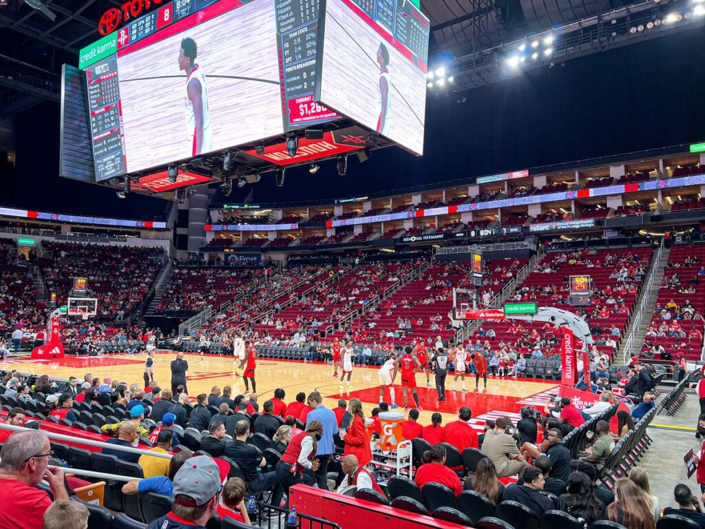 The view of a Houston Rockets home game from my seats in Section 117 in the lower level corner