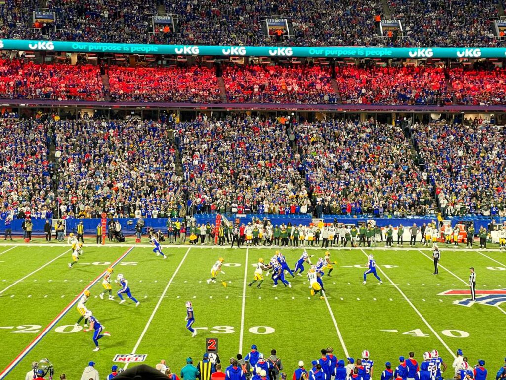 The view from the lower level sideline seats of the 2022 Sunday Night Football game between the Buffalo Bills and the Green Bay Packers