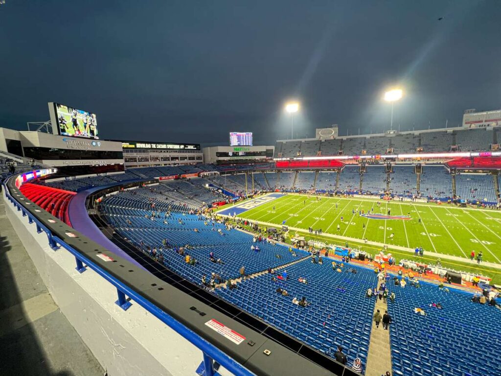 Bills fans get a great view of the field from the upper level sideline sections at Highmark Stadium in Orchard Park, NY