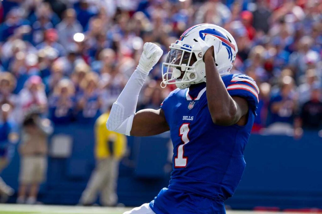 A Buffalo Bills player celebrates during a home game at Highmark Stadium