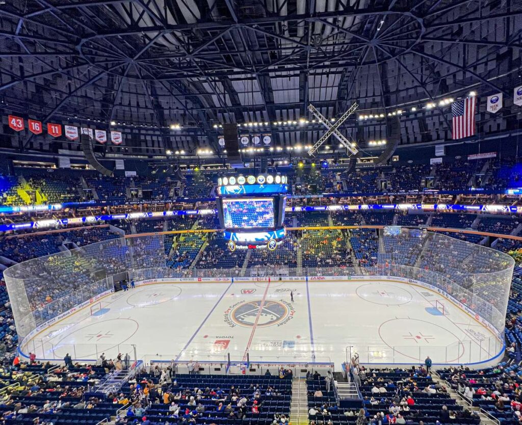 the view from the upper level seat at KeyBank Center for a Buffalo Sabres hockey game