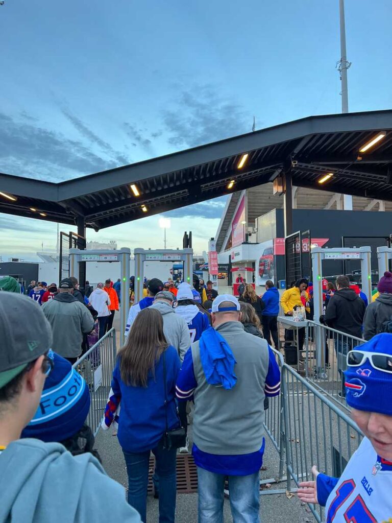 Buffalo football fans enter Highmark Stadium to watch the Bills play the Packers on Sunday Night Football