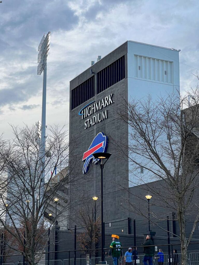 The Bills logo on the side of Highmark Stadium at dusk prior to Sunday Night Football
