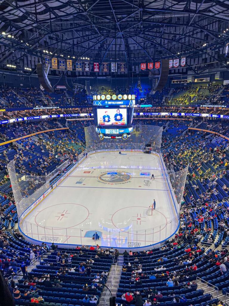 The NHL ice surface at KeyBank Center from behind the net