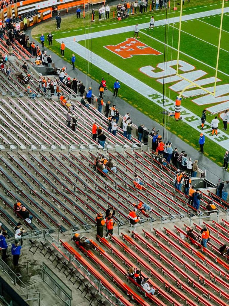 An aerial view of the bleacher seats within the famous Dawg Pound section of the Cleveland Browns Stadium.