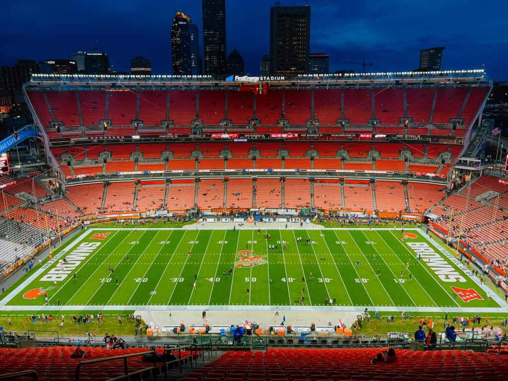 the view from the highest row at Cleveland Browns Stadium offers a view of downtown Cleveland, Ohio.