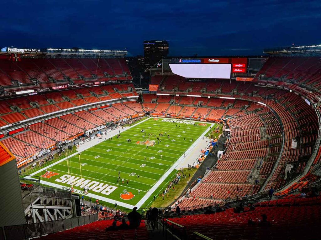 the Cleveland Browns Stadium is all lit up for a primetime NFL game in October.