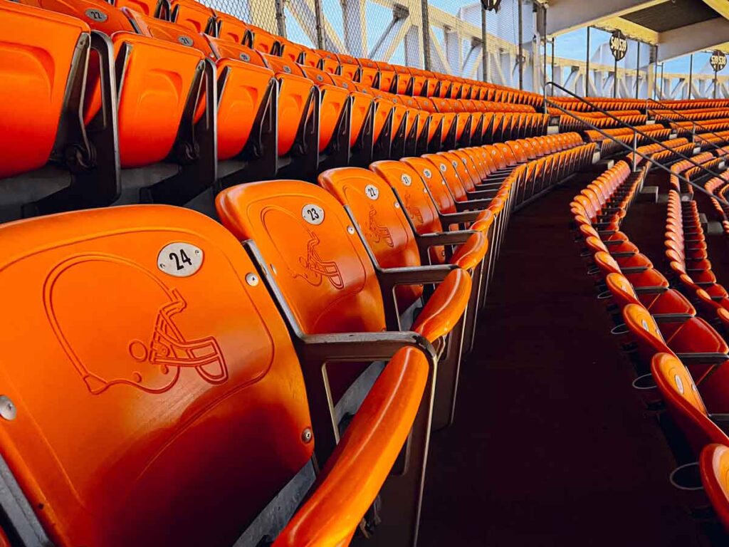 Every seat at Cleveland Browns Stadium has a seat back (Except for the bleacher seats in the Dawg Pound).
