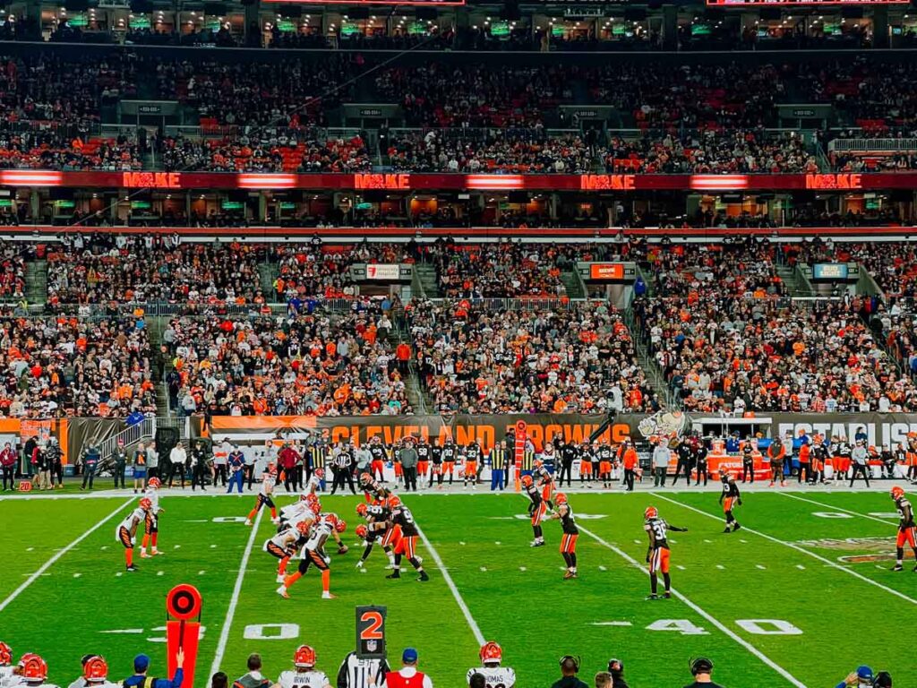 The view of the Browns vs Bengals MNF game from Section 107 of the Cleveland Browns Stadium.