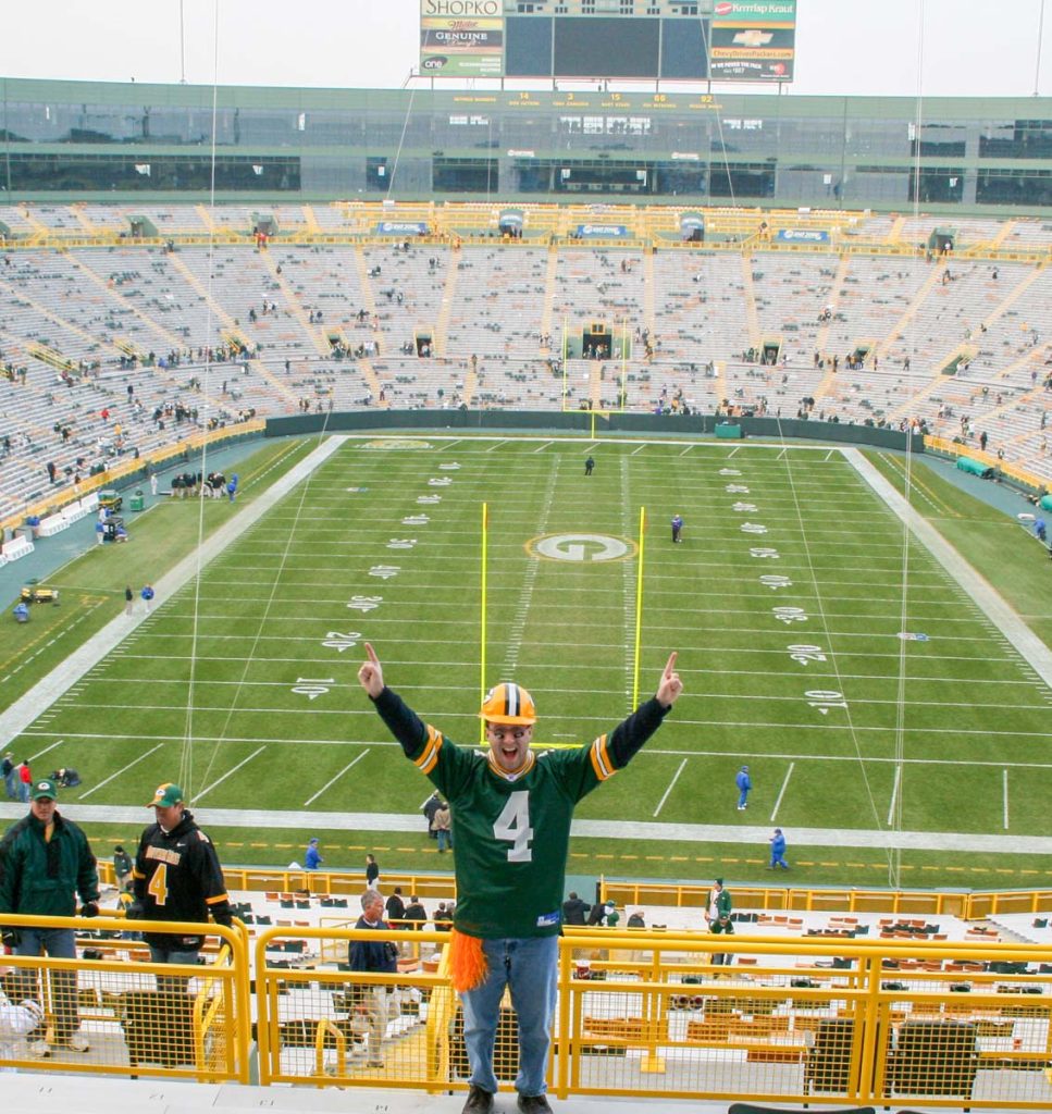 Dan Brewer, owner of UltimateSportsRoadTrip.com, is excited to be at his very first NFL game at Lambeau Field in Green Bay, WI.
