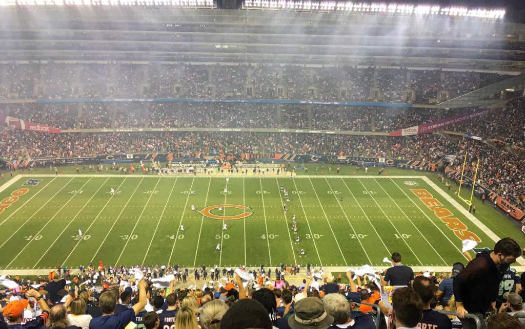 The view from midfield upper bowl tickets at Soldier Field in Chicago for a Monday Night Football game.