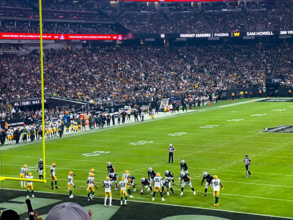 The Las Vegas Raiders are in the red zone during a home game against the Green Bay Packers.