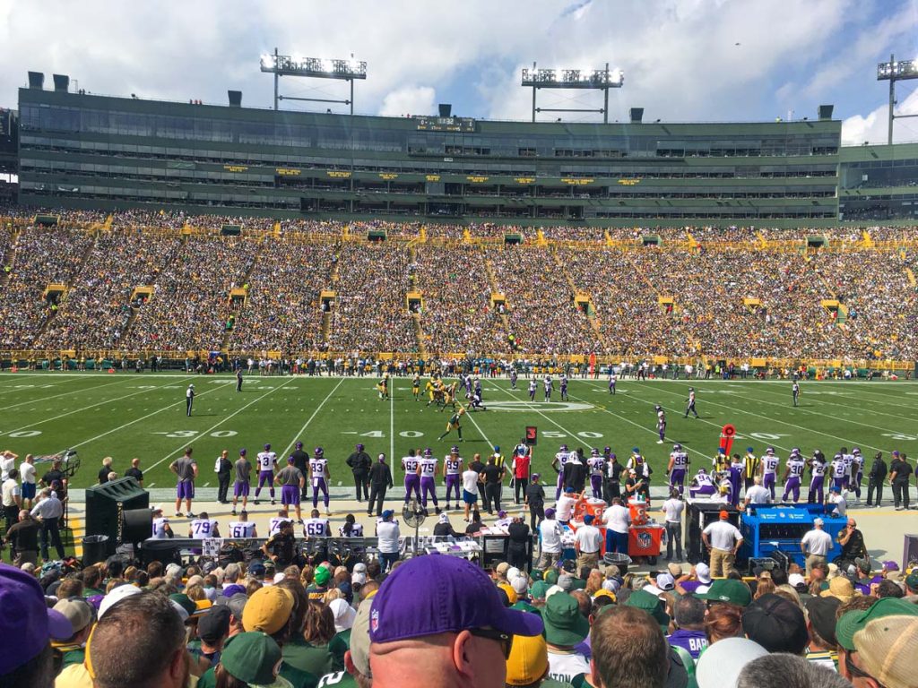 The view from the 40 yard line in the lower bowl at Lambeau Field in Green Bay, WI.