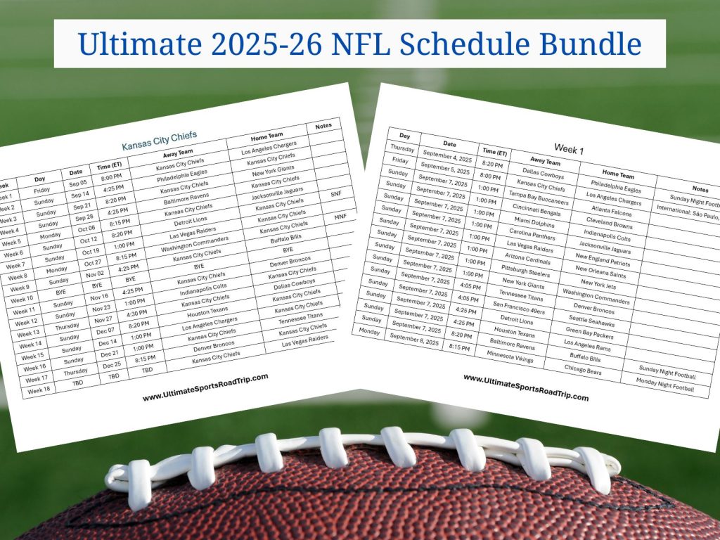 Sales Page for a printable NFL Schedule for the 2025-26 season.