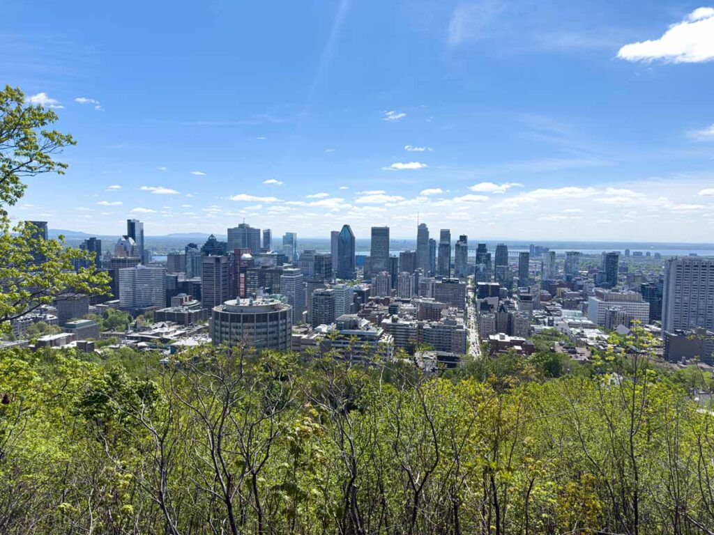 The views of downtown Montreal from the Kondiaronk Belvedere viewpoint in Mount Royal Park.