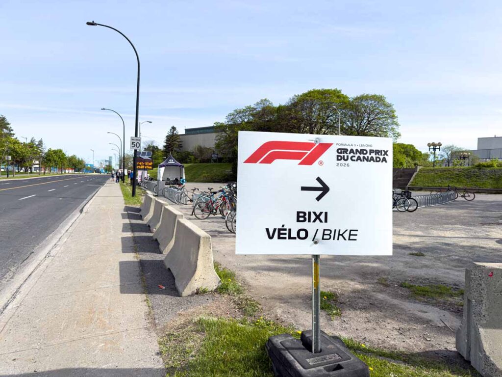 The Bixi parking lot for the free Formula 1 shuttle bus.