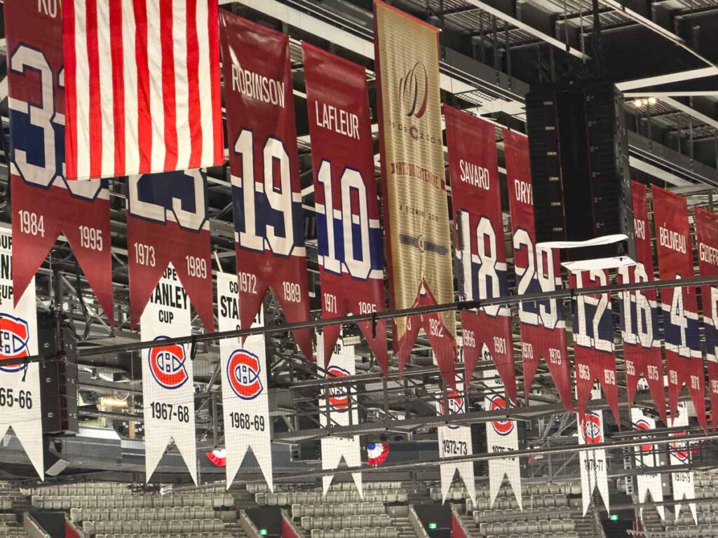 Banners for retired jerseys and Stanley Cup wins hang from the rafters at Bell Centre in Montreal.