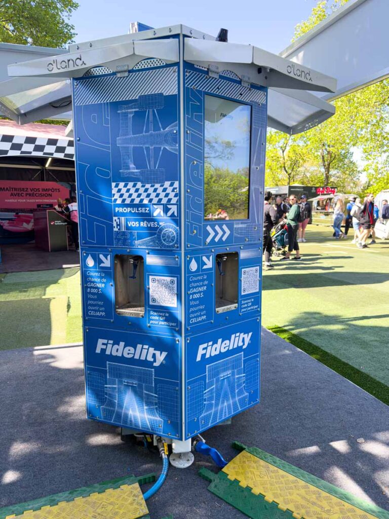 A water bottle refilling station at the Montreal Formula 1 race.