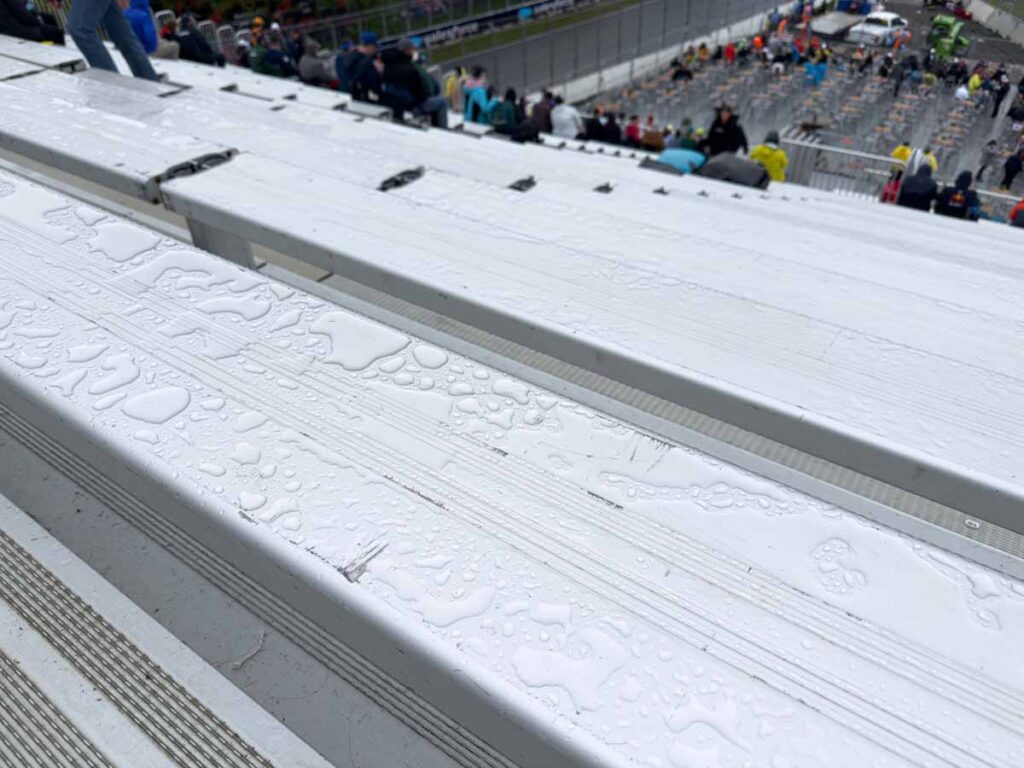 Wet bleacher seats at Circuit Gilles-Villeneuve in Montreal.
