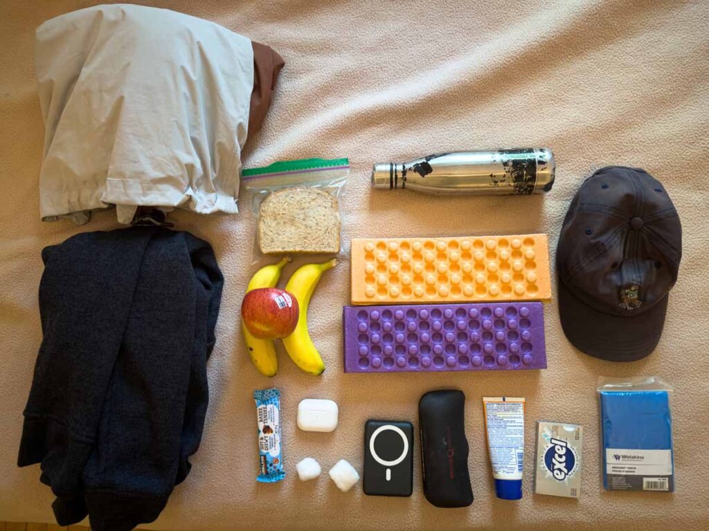 The contents of my daypack during the Montreal Grand Prix weekend.
